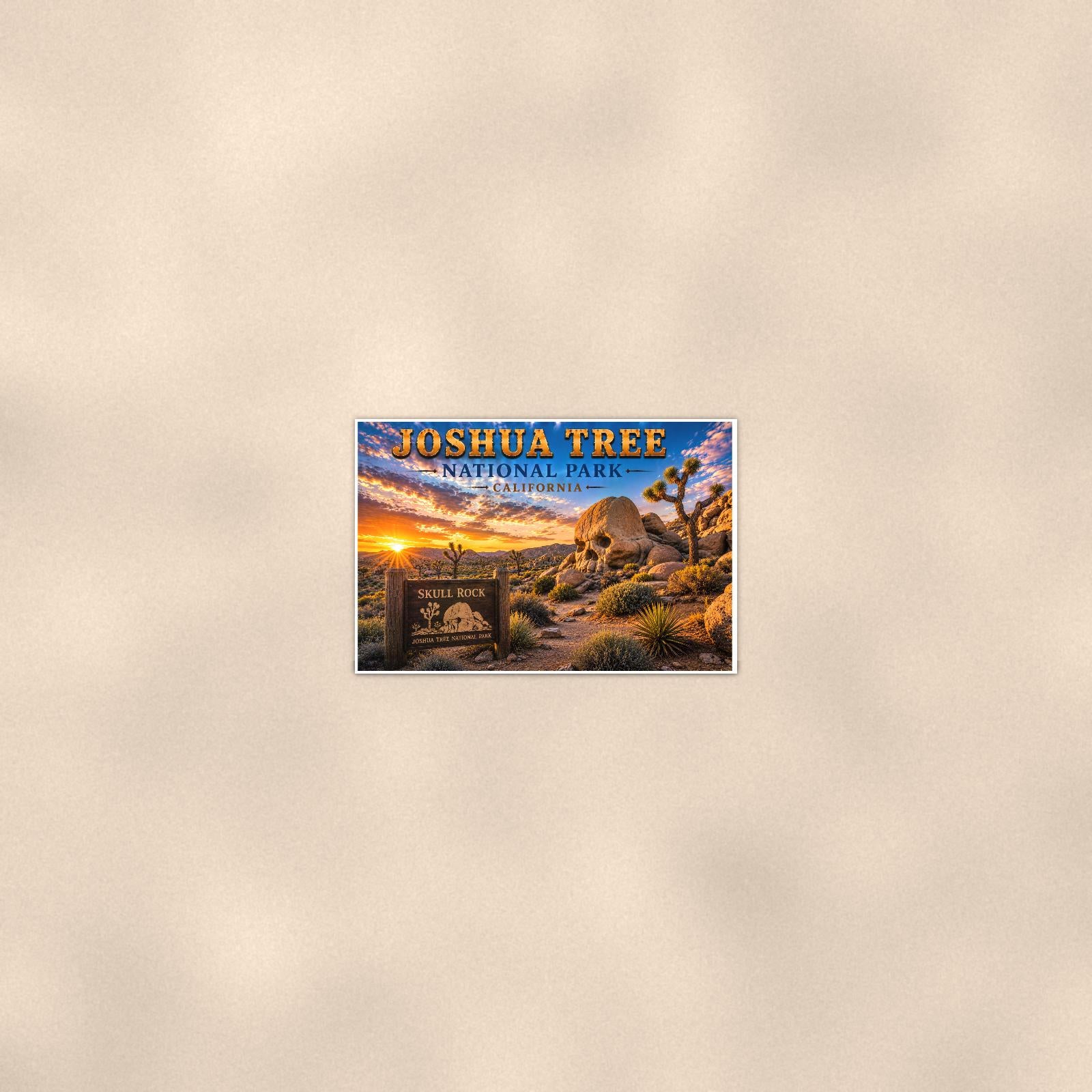Joshua Tree National Park - Skull Rock — 36x24 in art print poster, premium luster paper with a white border; poster seen from further back, at true 36x24 in scale on a warm wall.