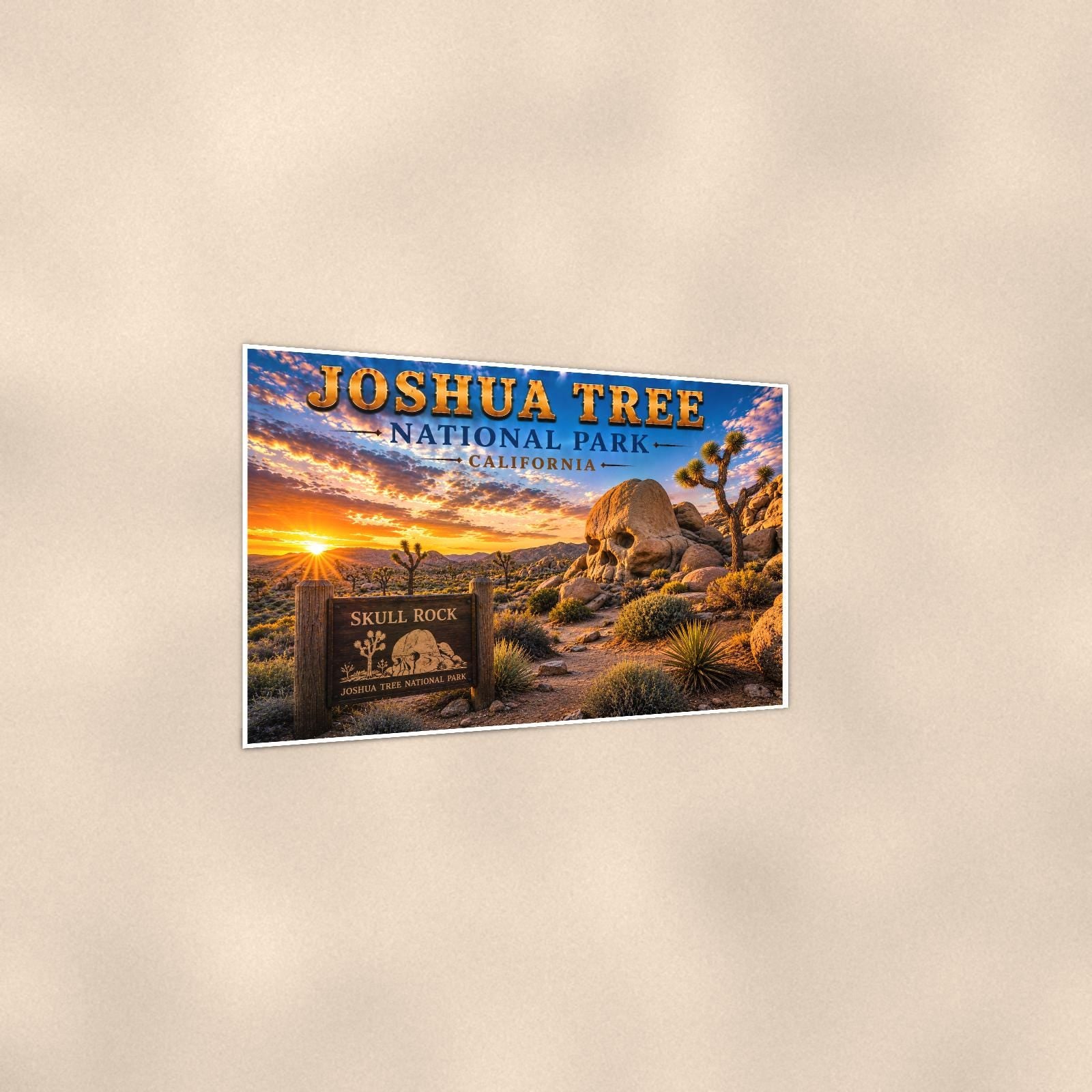Joshua Tree National Park - Skull Rock — 36x24 in art print poster, premium luster paper with a white border; gentle three-quarter angle on a warm wall, showing the flat paper edge.