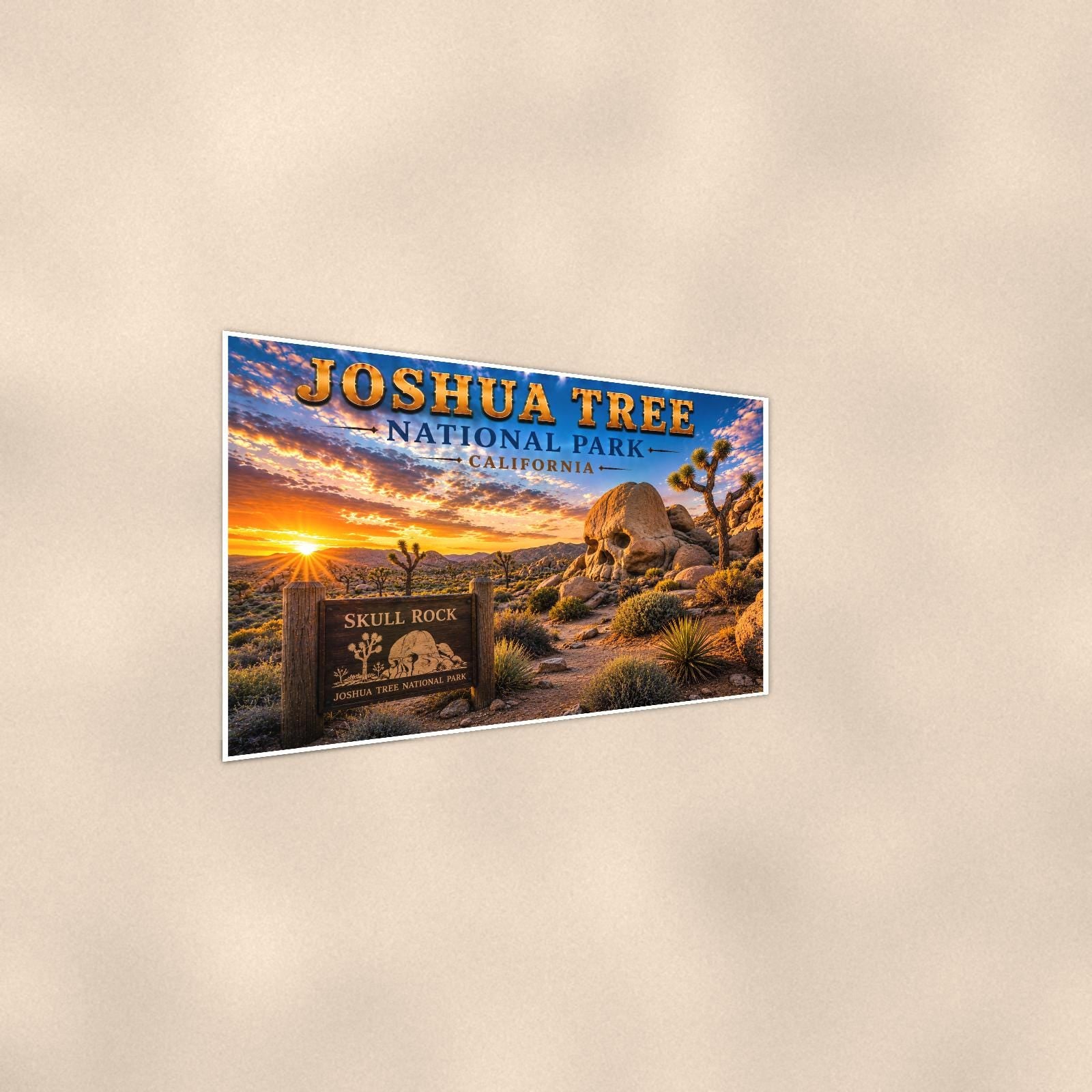 Joshua Tree National Park - Skull Rock — 36x24 in art print poster, premium luster paper with a white border; steeper three-quarter angle on a warm wall, catching the luster sheen.