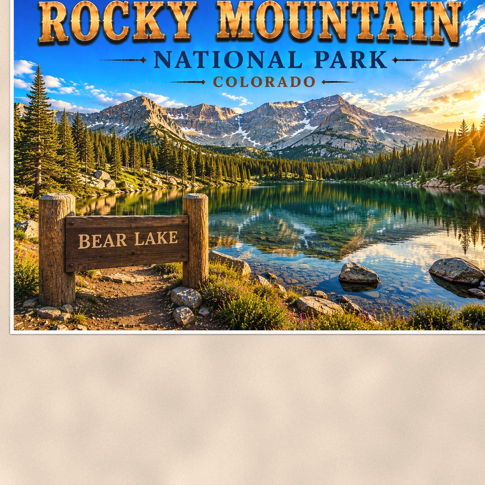 Rocky Mountain National Park - Bear Lake — 36x24 in art print poster, premium luster paper with a white border; close-up framed on the main subject of the artwork, paper surface visible.