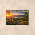 Great Smoky Mountains National Park - Cades Cove — 36x24 in art print poster, premium luster paper with a white border; poster shown straight on against a warm wall.