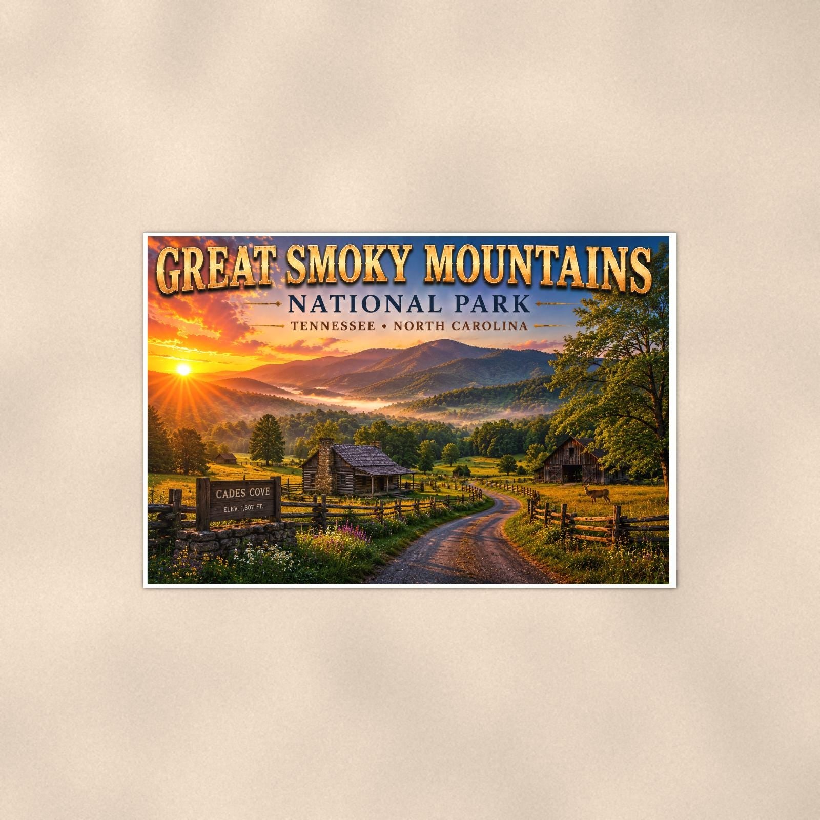 Great Smoky Mountains National Park - Cades Cove — 36x24 in art print poster, premium luster paper with a white border; poster shown straight on against a warm wall.