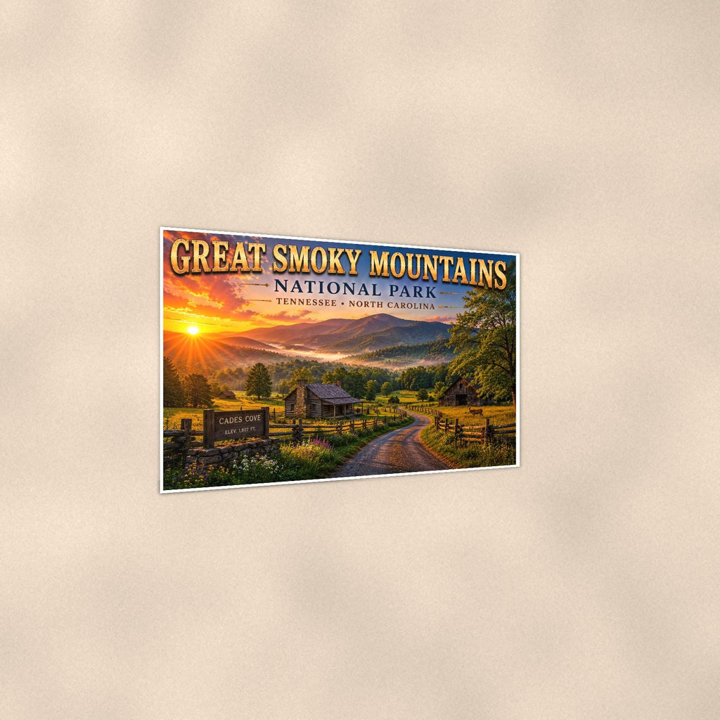 Great Smoky Mountains National Park - Cades Cove — 36x24 in art print poster, premium luster paper with a white border; gentle three-quarter angle on a warm wall, showing the flat paper edge.
