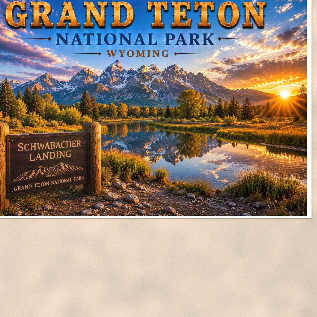 Grand Teton National Park - Schwabacher Landing — 36x24 in art print poster, premium luster paper with a white border; close-up framed on the main subject of the artwork, paper surface visible.