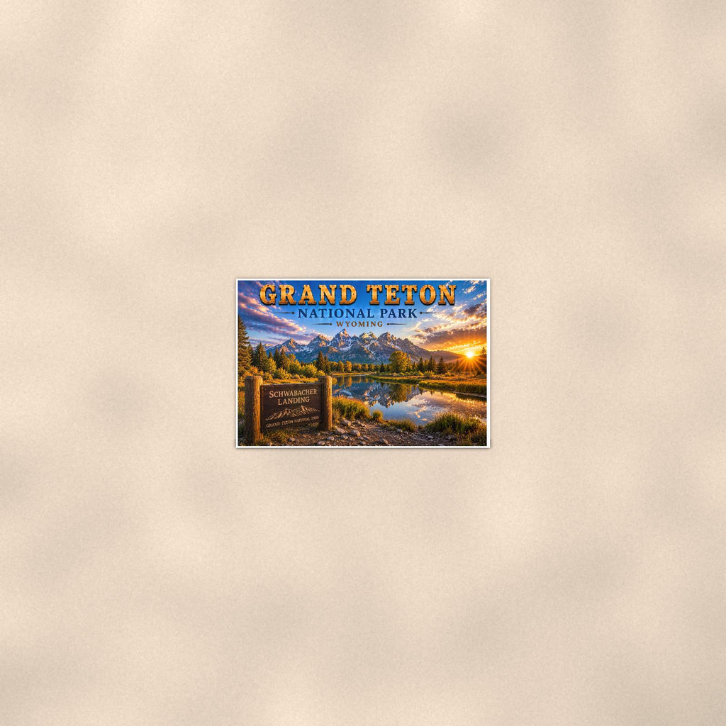 Grand Teton National Park - Schwabacher Landing — 36x24 in art print poster, premium luster paper with a white border; poster seen from further back, at true 36x24 in scale on a warm wall.