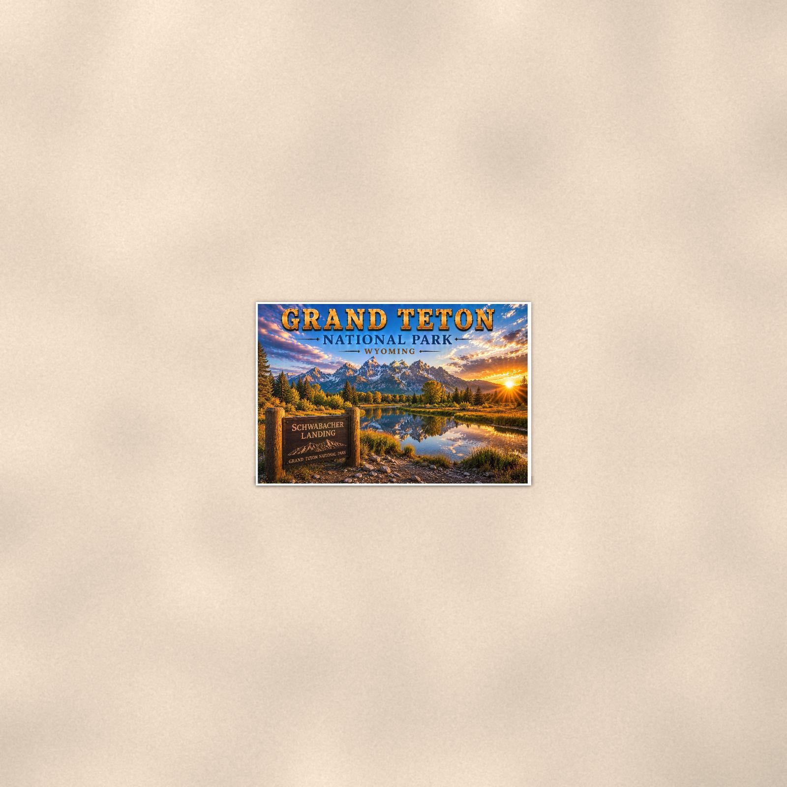 Grand Teton National Park - Schwabacher Landing — 36x24 in art print poster, premium luster paper with a white border; poster seen from further back, at true 36x24 in scale on a warm wall.