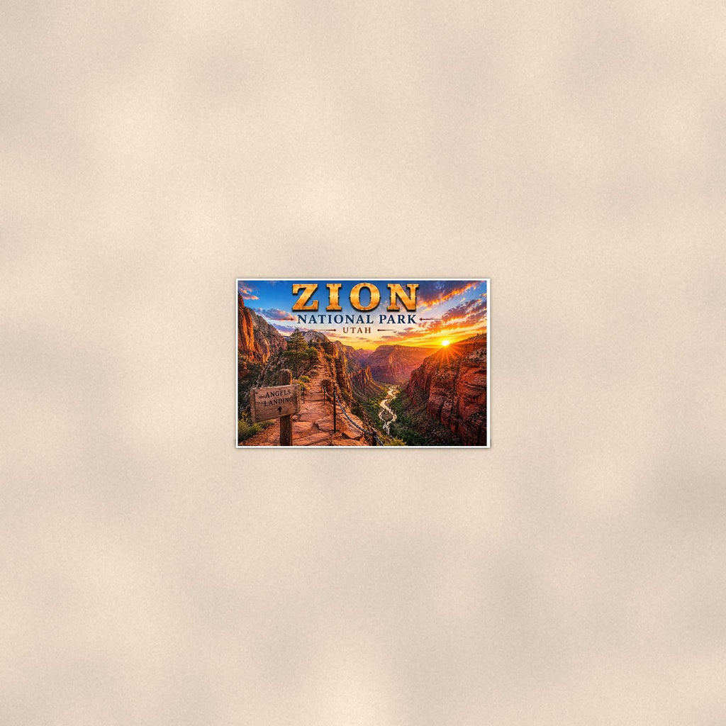 Zion National Park - Angels Landing — 36x24 in art print poster, premium luster paper with a white border; poster seen from further back, at true 36x24 in scale on a warm wall.
