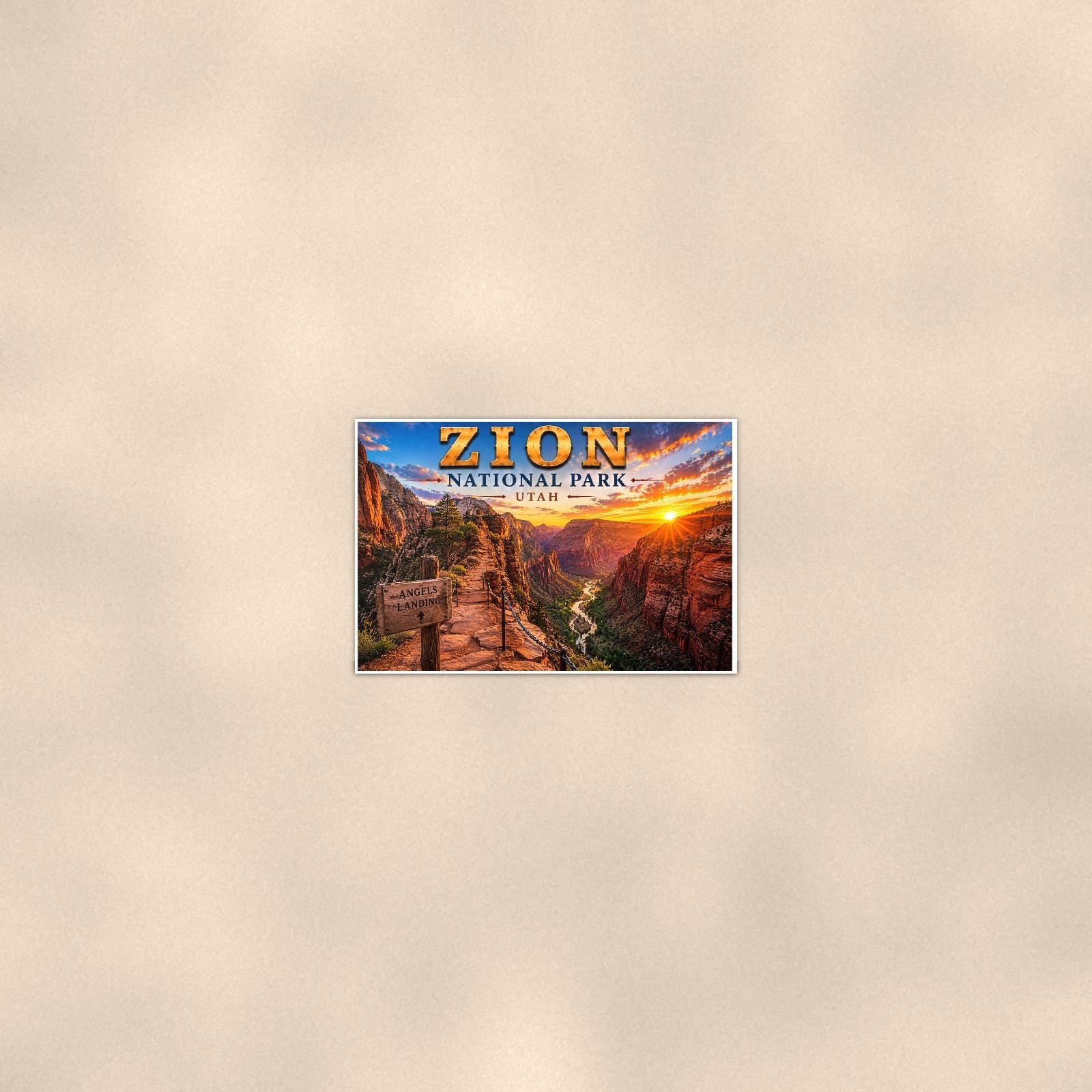 Zion National Park - Angels Landing — 36x24 in art print poster, premium luster paper with a white border; poster seen from further back, at true 36x24 in scale on a warm wall.