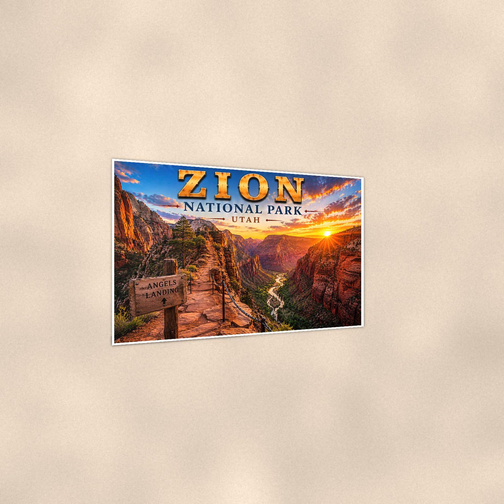 Zion National Park - Angels Landing — 36x24 in art print poster, premium luster paper with a white border; gentle three-quarter angle on a warm wall, showing the flat paper edge.