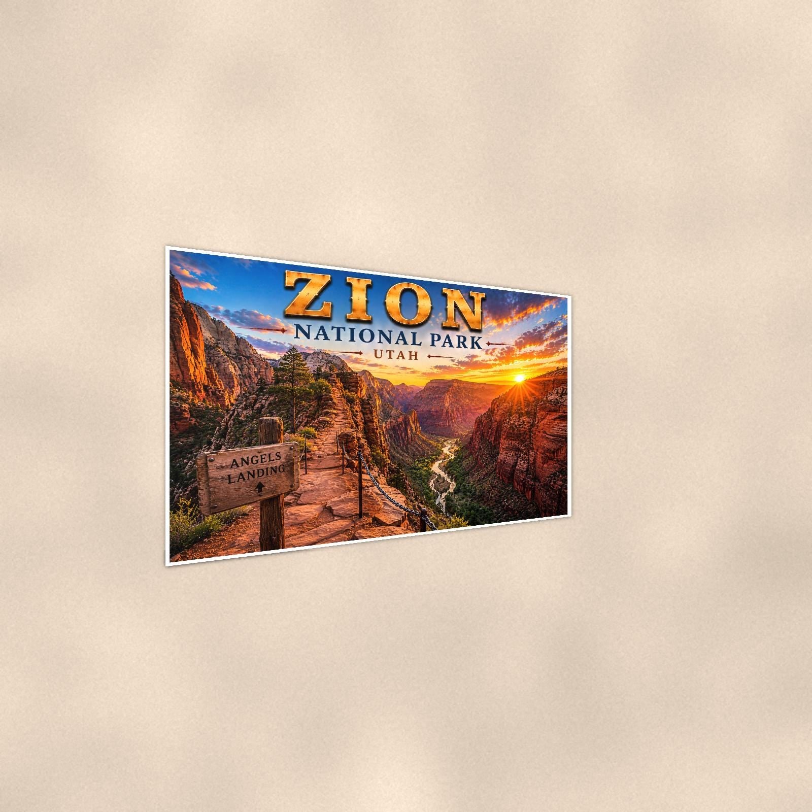 Zion National Park - Angels Landing — 36x24 in art print poster, premium luster paper with a white border; steeper three-quarter angle on a warm wall, catching the luster sheen.