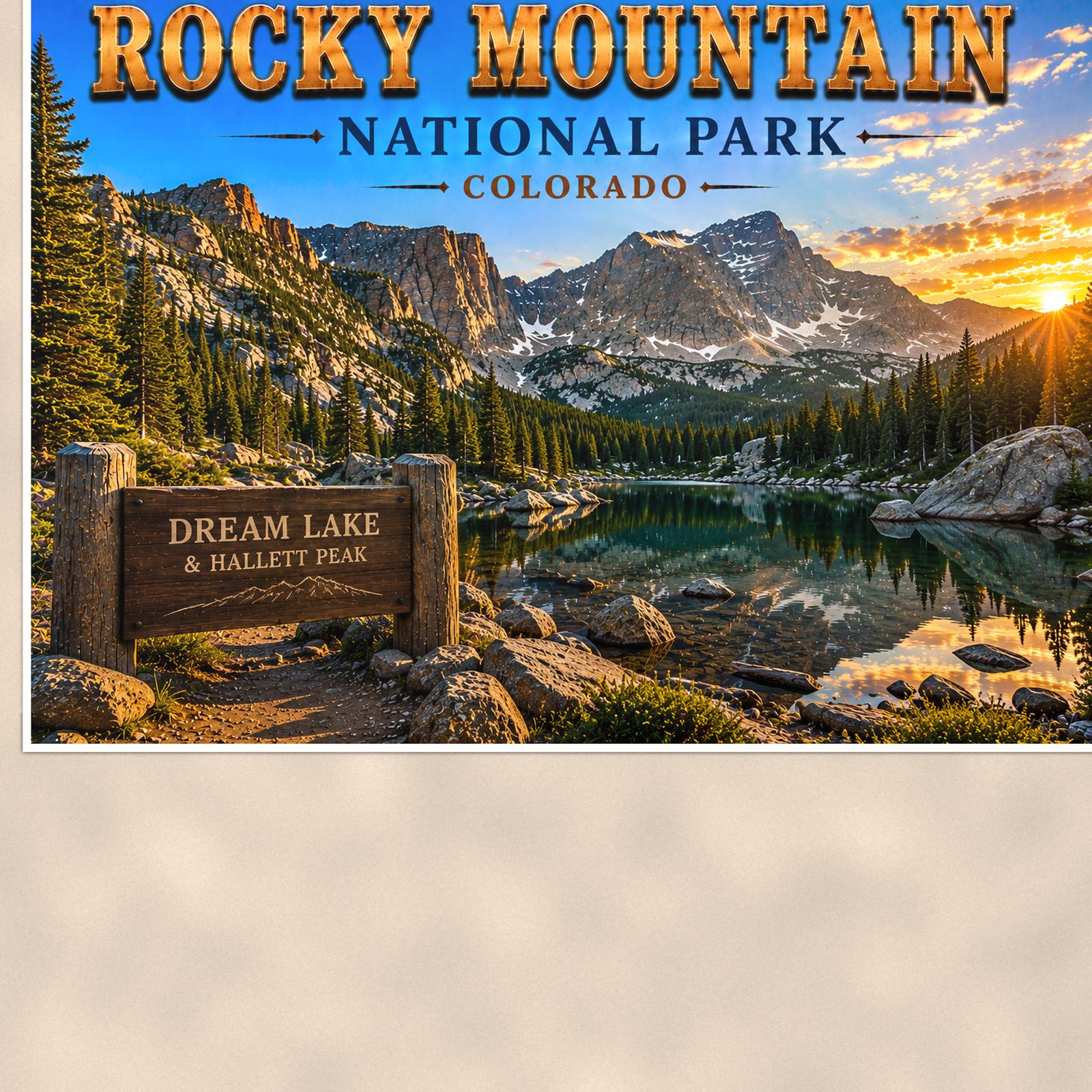 Rocky Mountain National Park - Dream Lake — 36x24 in art print poster, premium luster paper with a white border; close-up framed on the main subject of the artwork, paper surface visible.