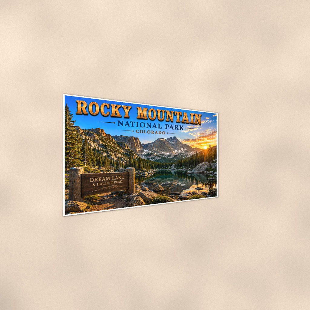 Rocky Mountain National Park - Dream Lake — 36x24 in art print poster, premium luster paper with a white border; steeper three-quarter angle on a warm wall, catching the luster sheen.