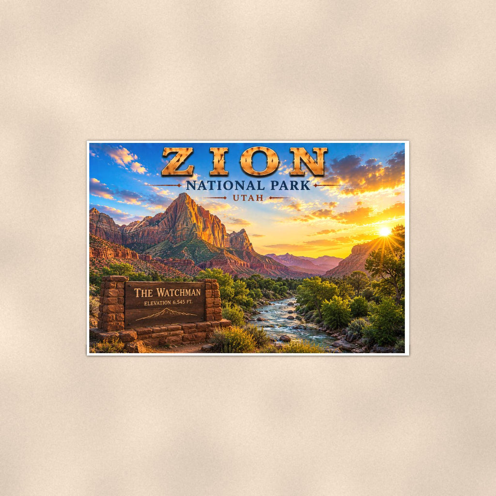 Zion National Park - The Watchman — 36x24 in art print poster, premium luster paper with a white border; poster shown straight on against a warm wall.