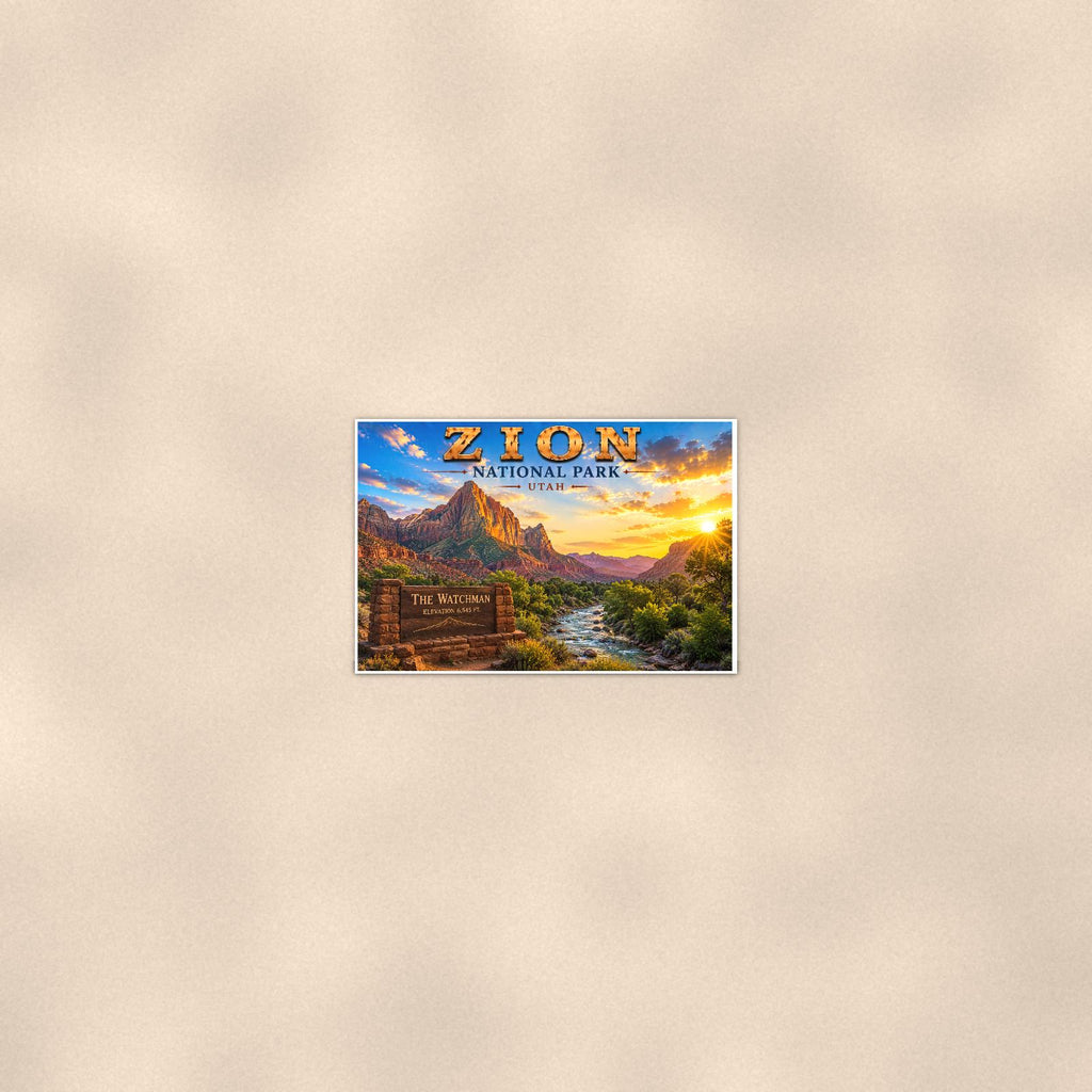 Zion National Park - The Watchman — 36x24 in art print poster, premium luster paper with a white border; poster seen from further back, at true 36x24 in scale on a warm wall.