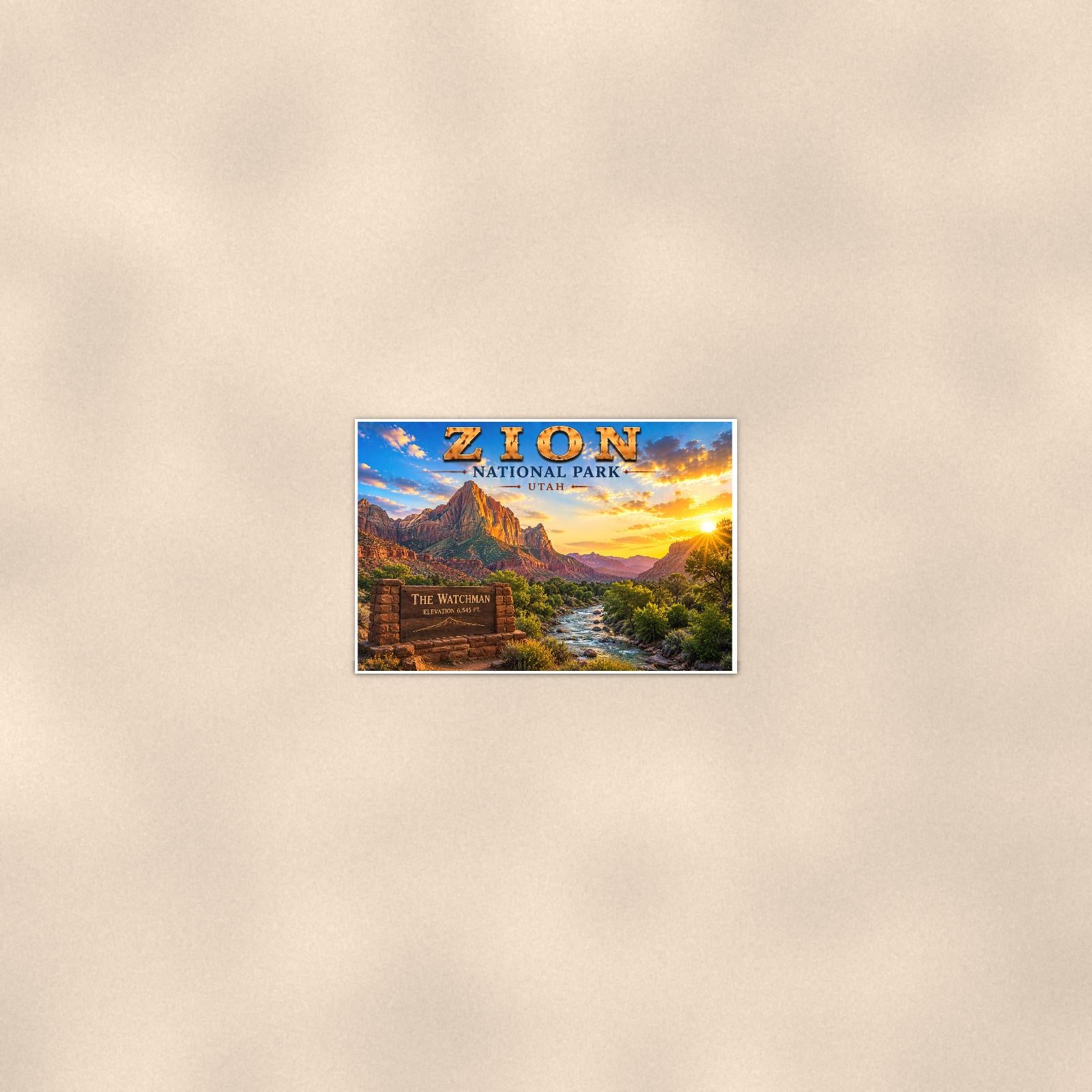 Zion National Park - The Watchman — 36x24 in art print poster, premium luster paper with a white border; poster seen from further back, at true 36x24 in scale on a warm wall.