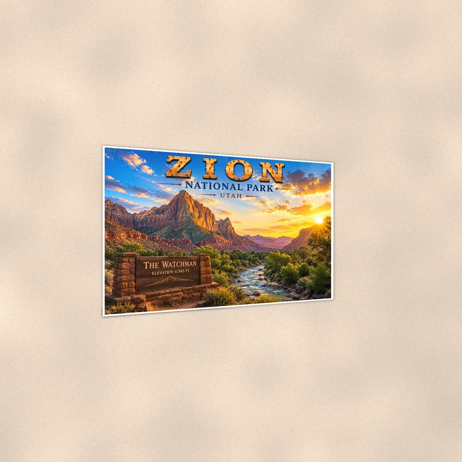 Zion National Park - The Watchman — 36x24 in art print poster, premium luster paper with a white border; gentle three-quarter angle on a warm wall, showing the flat paper edge.
