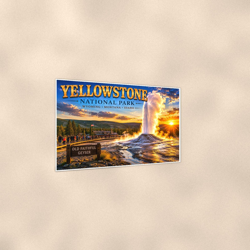 Yellowstone National Park - Old Faithful Geyser — 36x24 in art print poster, premium luster paper with a white border; gentle three-quarter angle on a warm wall, showing the flat paper edge.
