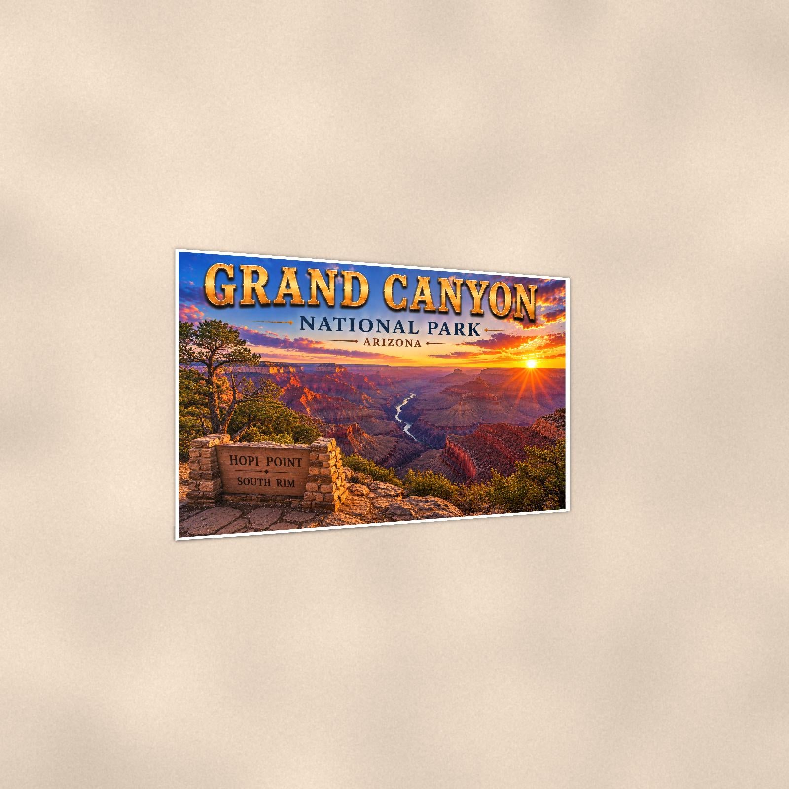 Grand Canyon National Park - Hopi Point — 36x24 in art print poster, premium luster paper with a white border; gentle three-quarter angle on a warm wall, showing the flat paper edge.
