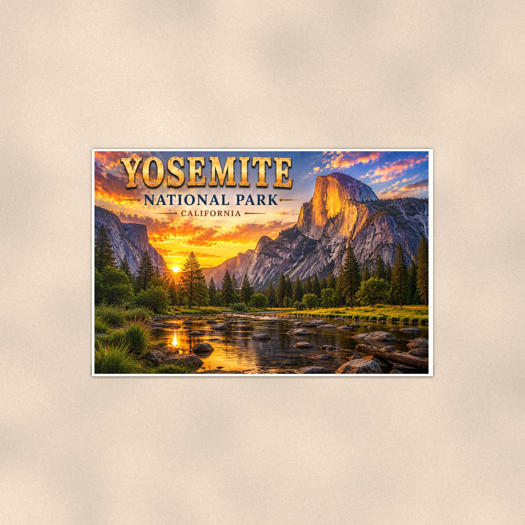 Yosemite National Park - Half Dome — 36x24 in art print poster, premium luster paper with a white border; poster shown straight on against a warm wall.