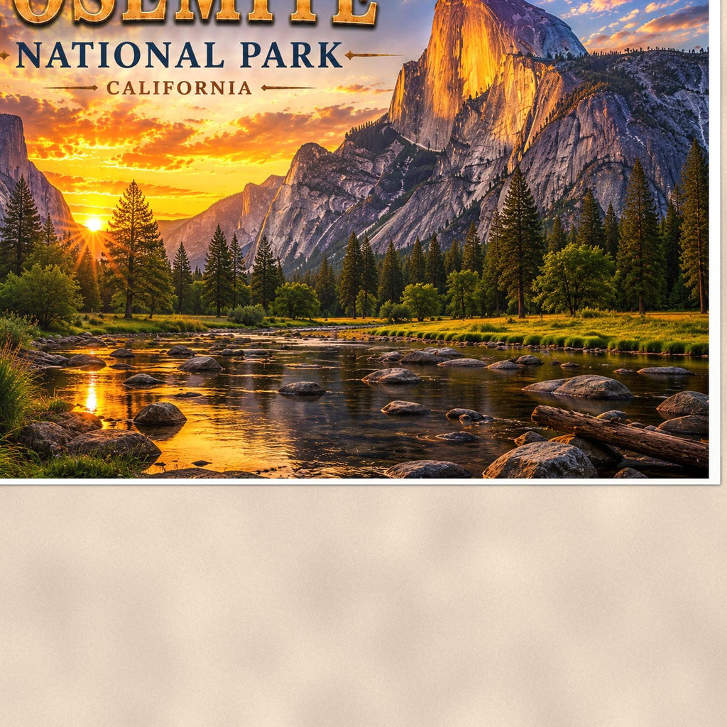 Yosemite National Park - Half Dome — 36x24 in art print poster, premium luster paper with a white border; close-up framed on the main subject of the artwork, paper surface visible.
