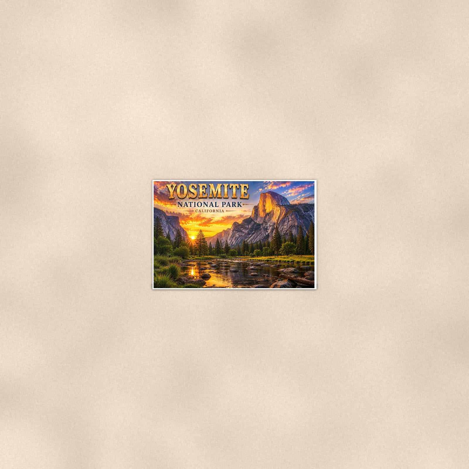 Yosemite National Park - Half Dome — 36x24 in art print poster, premium luster paper with a white border; poster seen from further back, at true 36x24 in scale on a warm wall.