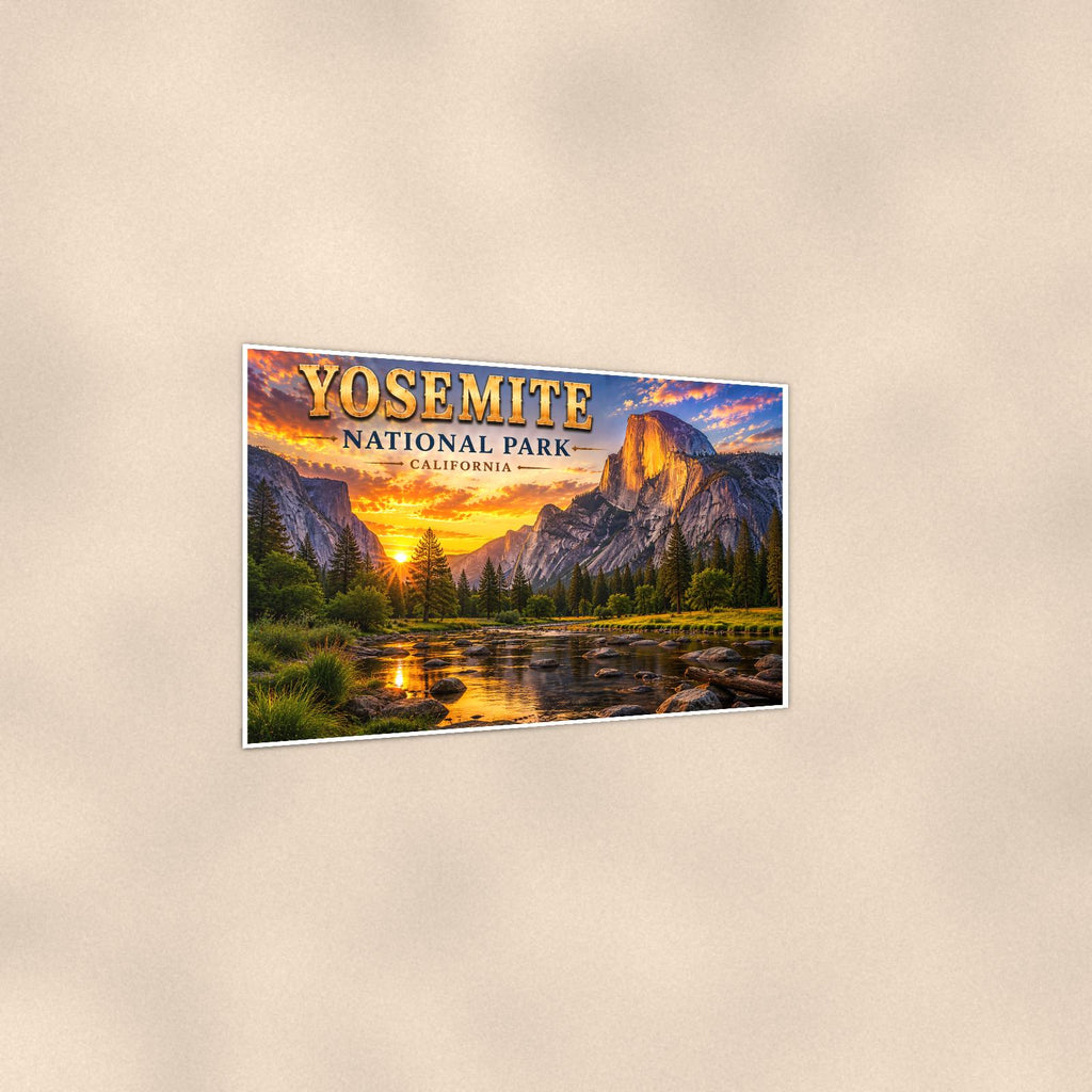 Yosemite National Park - Half Dome — 36x24 in art print poster, premium luster paper with a white border; gentle three-quarter angle on a warm wall, showing the flat paper edge.