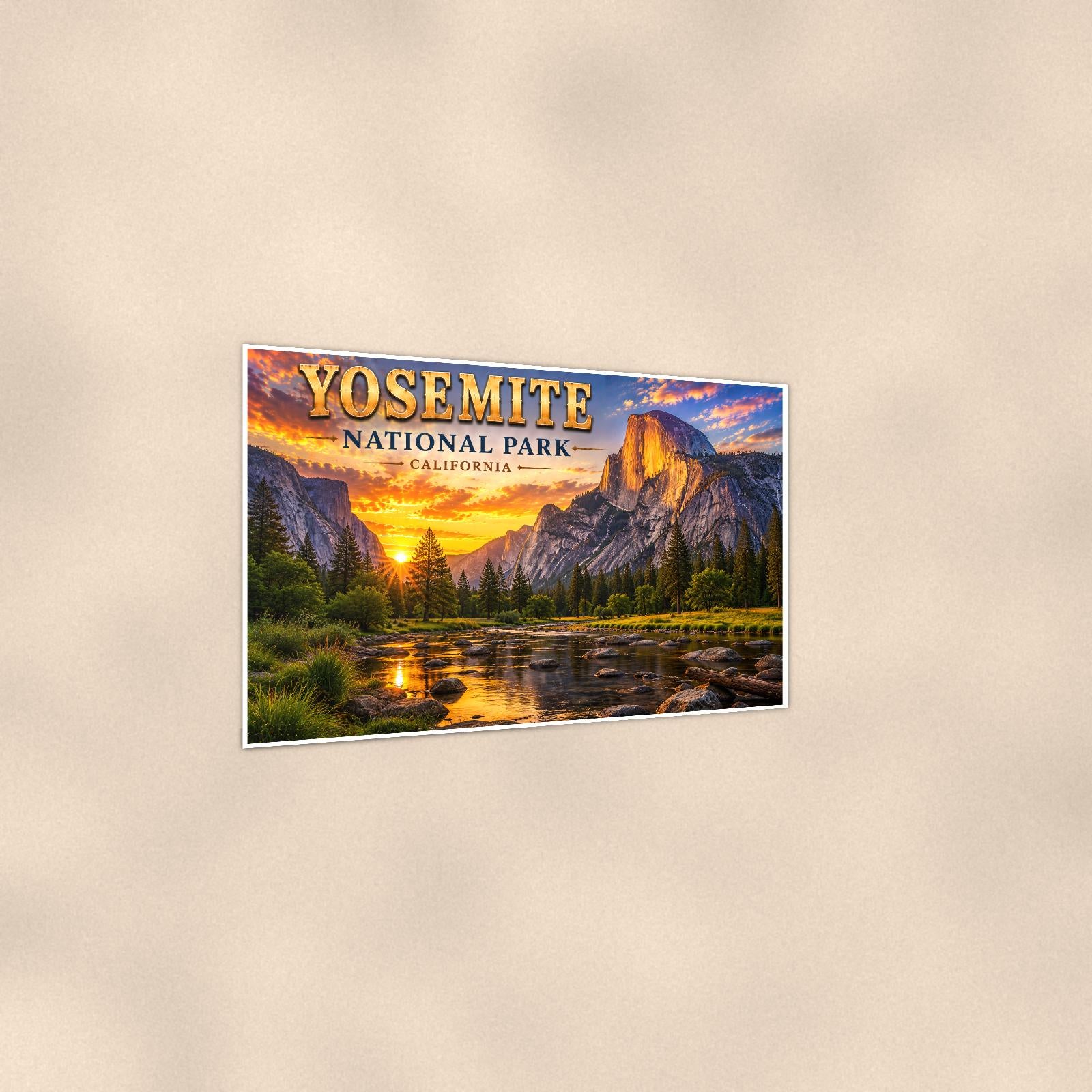 Yosemite National Park - Half Dome — 36x24 in art print poster, premium luster paper with a white border; gentle three-quarter angle on a warm wall, showing the flat paper edge.