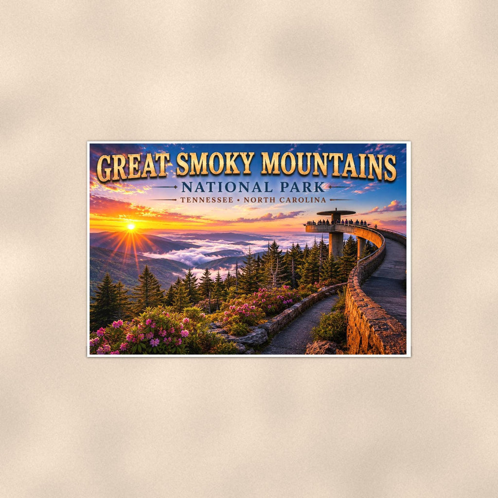 Great Smoky Mountains National Park - Clingmans Dome — 36x24 in art print poster, premium luster paper with a white border; poster shown straight on against a warm wall.