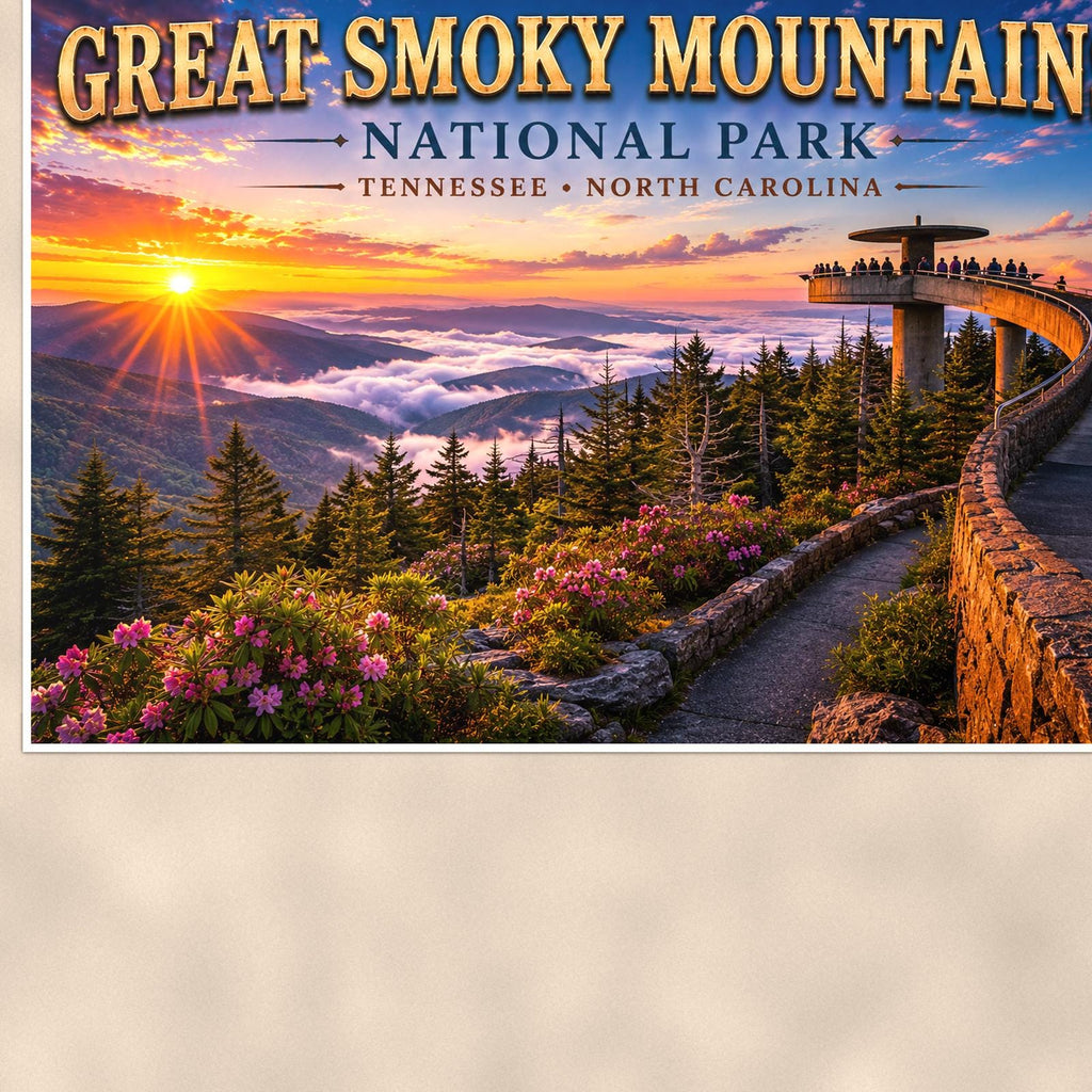 Great Smoky Mountains National Park - Clingmans Dome — 36x24 in art print poster, premium luster paper with a white border; close-up framed on the main subject of the artwork, paper surface visible.