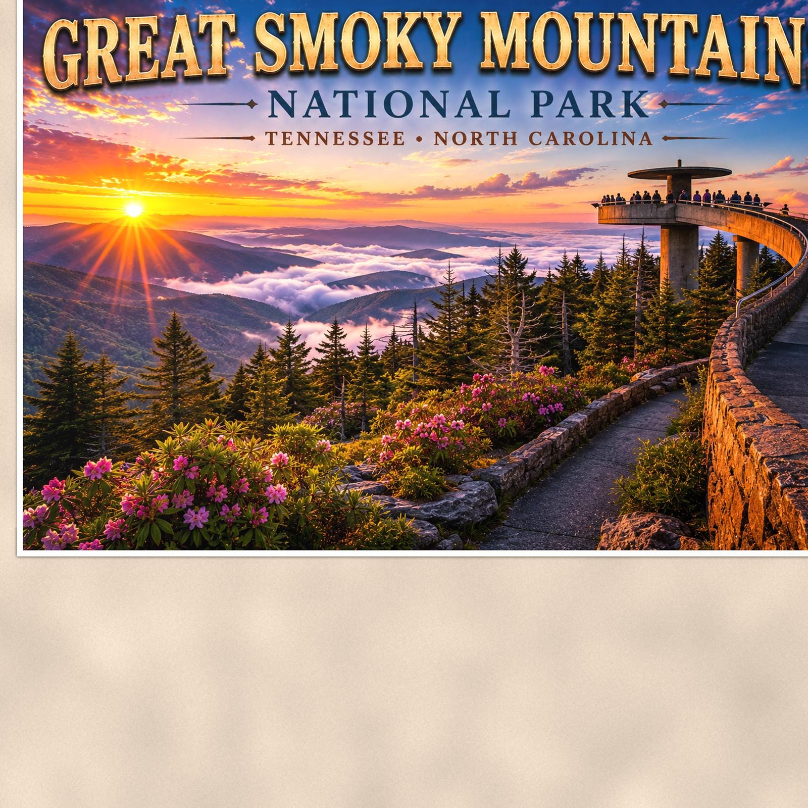 Great Smoky Mountains National Park - Clingmans Dome — 36x24 in art print poster, premium luster paper with a white border; close-up framed on the main subject of the artwork, paper surface visible.