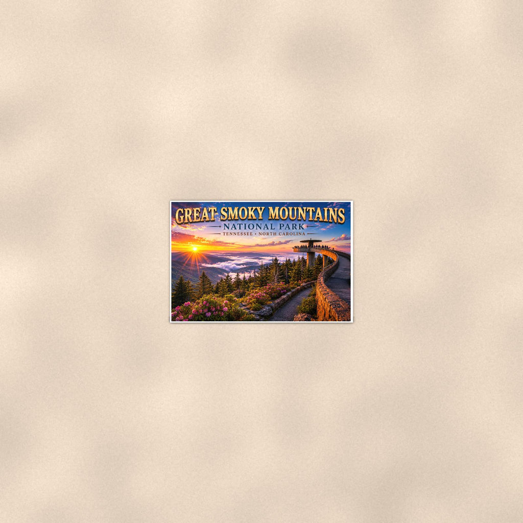 Great Smoky Mountains National Park - Clingmans Dome — 36x24 in art print poster, premium luster paper with a white border; poster seen from further back, at true 36x24 in scale on a warm wall.