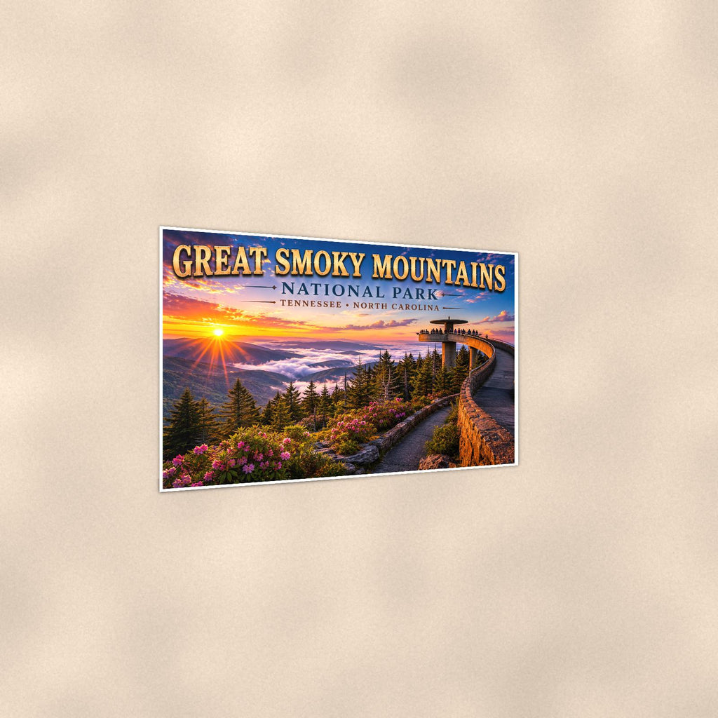 Great Smoky Mountains National Park - Clingmans Dome — 36x24 in art print poster, premium luster paper with a white border; gentle three-quarter angle on a warm wall, showing the flat paper edge.