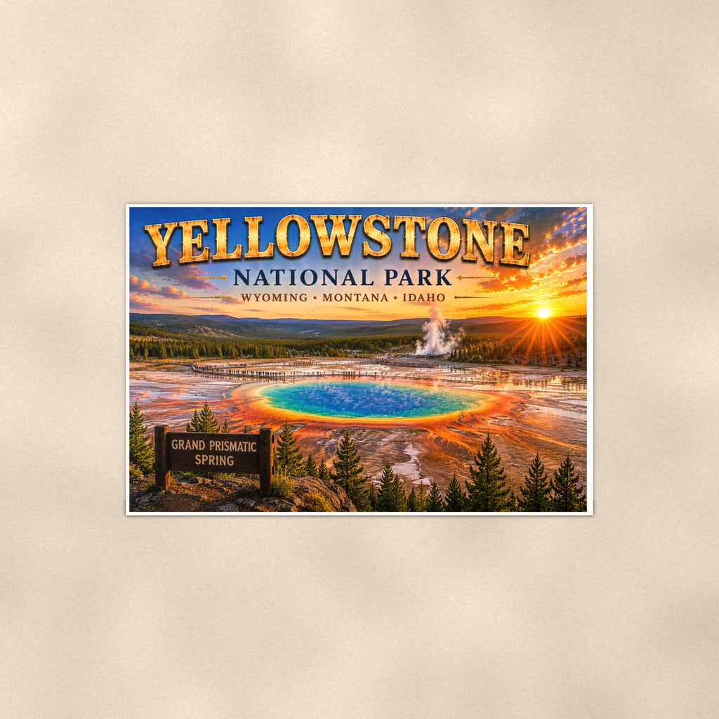 Yellowstone National Park - Grand Prismatic Spring — 36x24 in art print poster, premium luster paper with a white border; poster shown straight on against a warm wall.