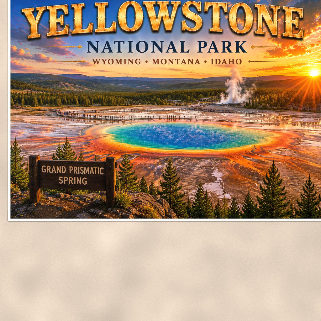 Yellowstone National Park - Grand Prismatic Spring — 36x24 in art print poster, premium luster paper with a white border; close-up framed on the main subject of the artwork, paper surface visible.