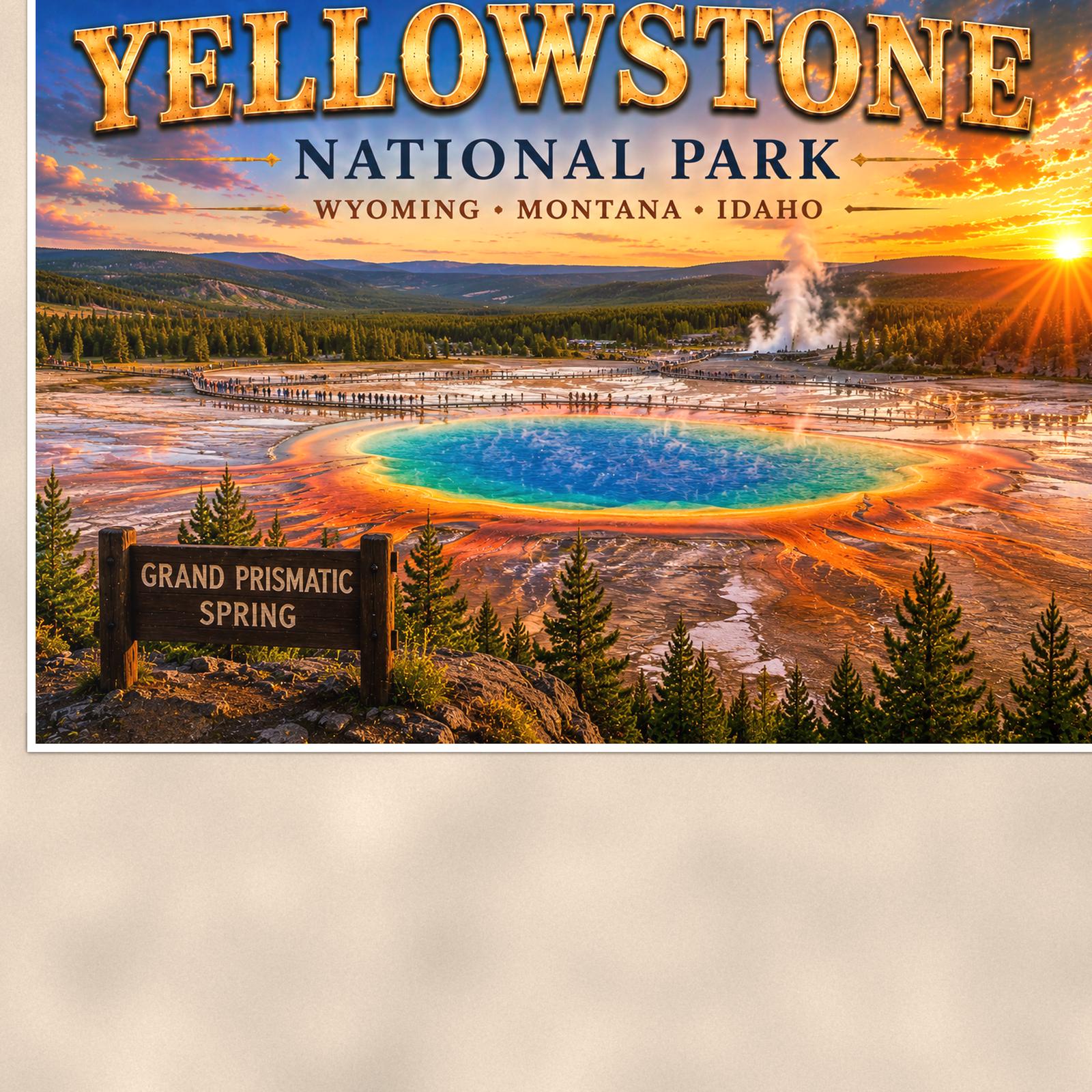 Yellowstone National Park - Grand Prismatic Spring — 36x24 in art print poster, premium luster paper with a white border; close-up framed on the main subject of the artwork, paper surface visible.