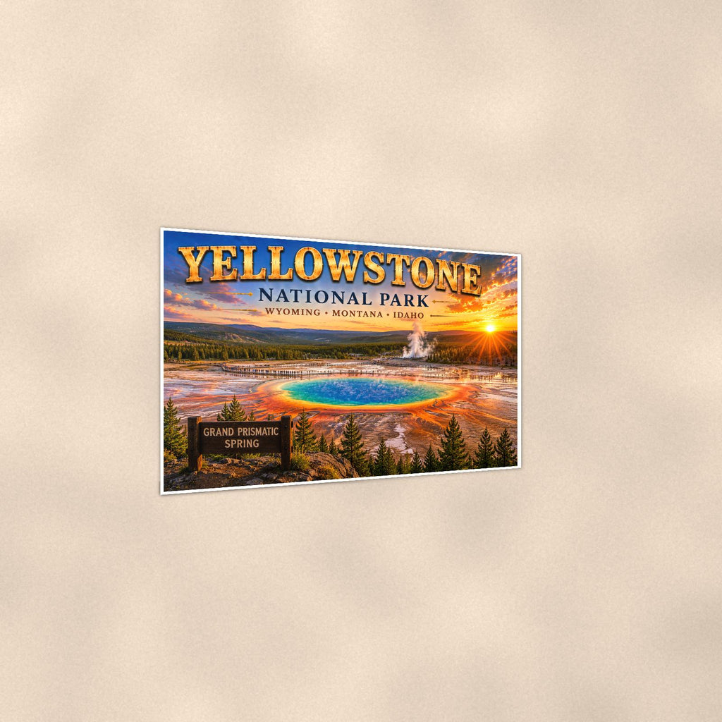 Yellowstone National Park - Grand Prismatic Spring — 36x24 in art print poster, premium luster paper with a white border; gentle three-quarter angle on a warm wall, showing the flat paper edge.