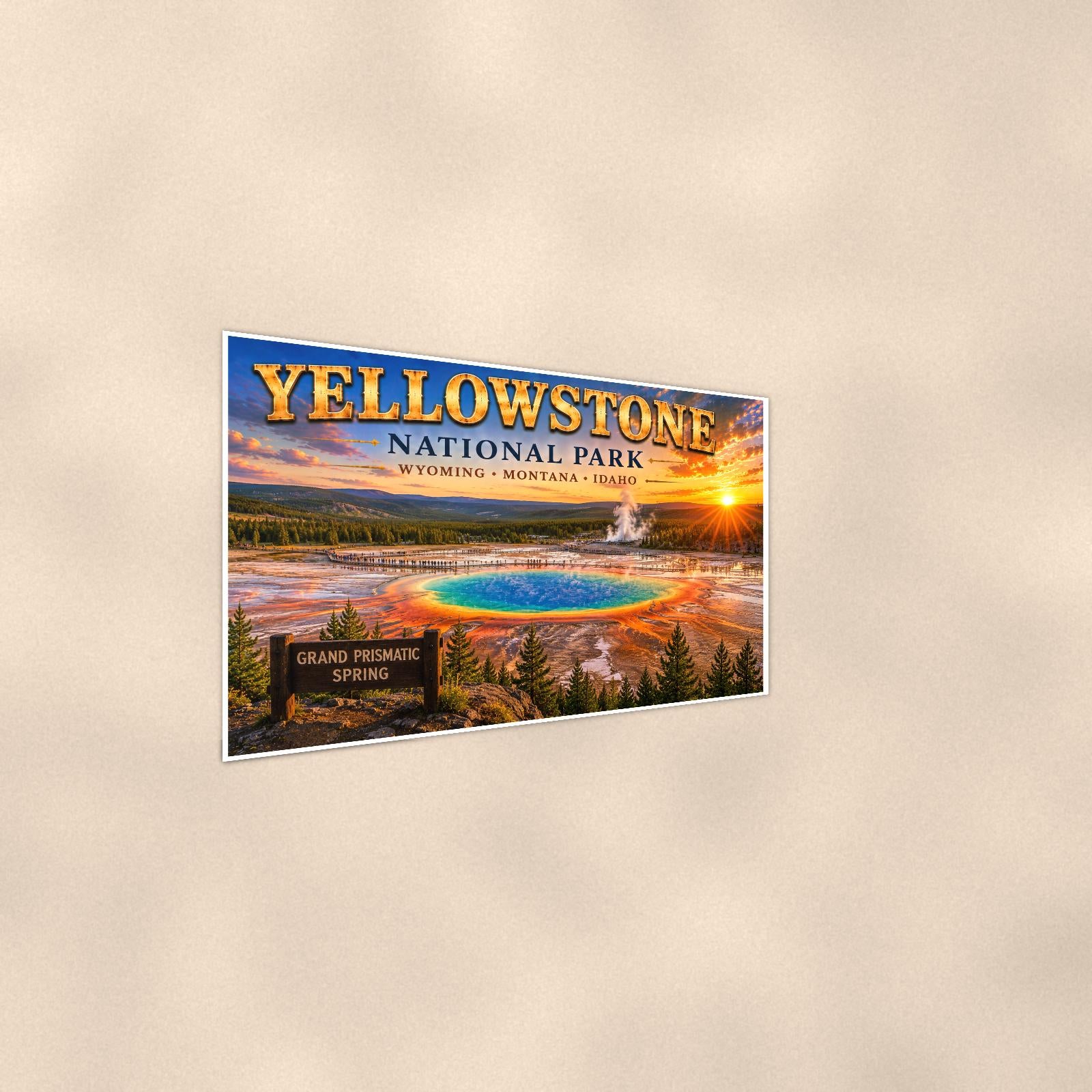 Yellowstone National Park - Grand Prismatic Spring — 36x24 in art print poster, premium luster paper with a white border; steeper three-quarter angle on a warm wall, catching the luster sheen.