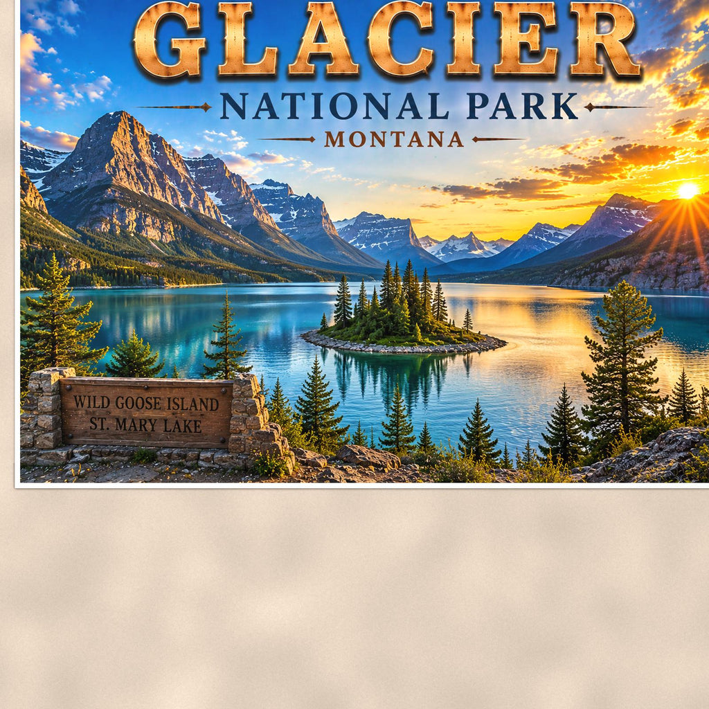 Glacier National Park - Wild Goose Island — 36x24 in art print poster, premium luster paper with a white border; close-up framed on the main subject of the artwork, paper surface visible.