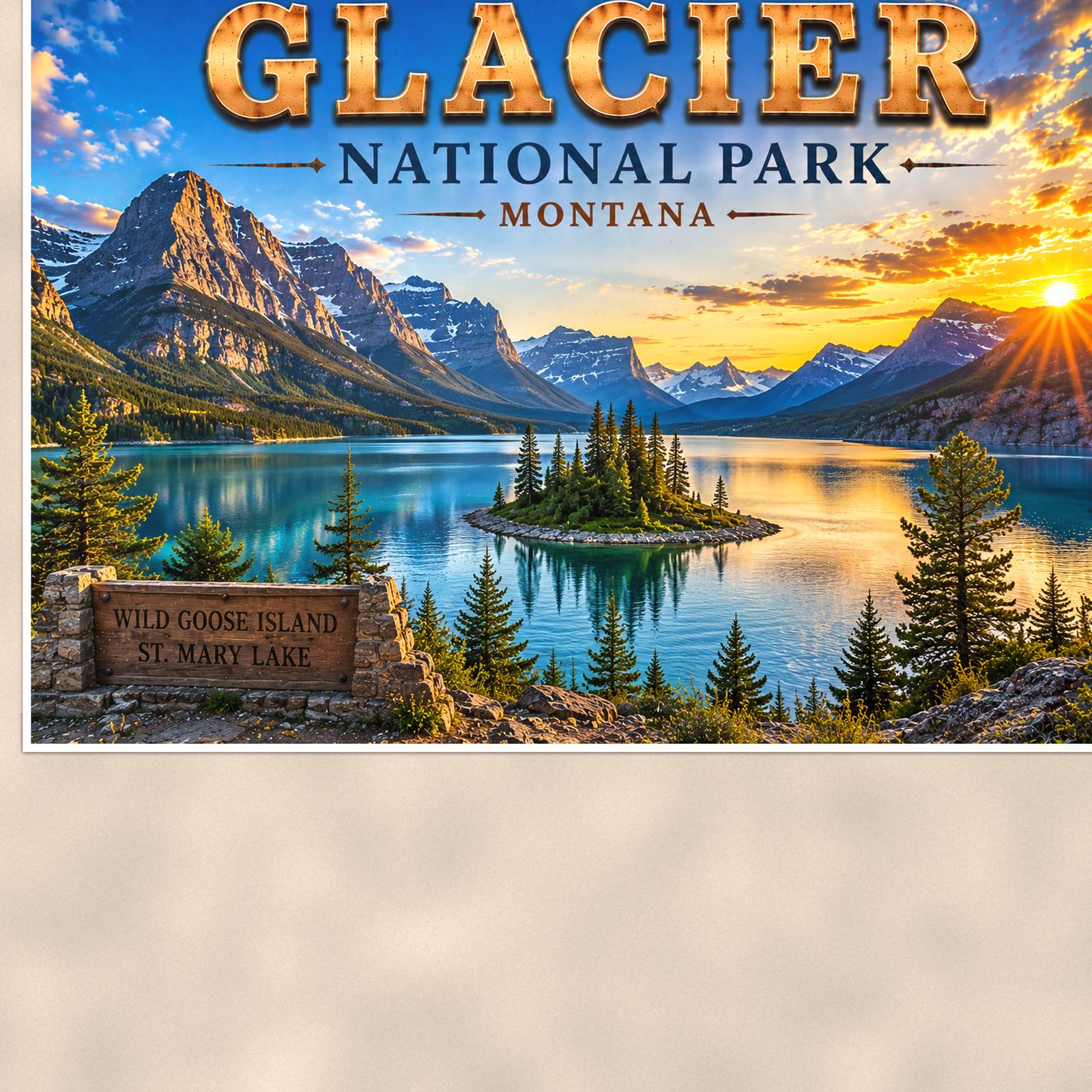 Glacier National Park - Wild Goose Island — 36x24 in art print poster, premium luster paper with a white border; close-up framed on the main subject of the artwork, paper surface visible.