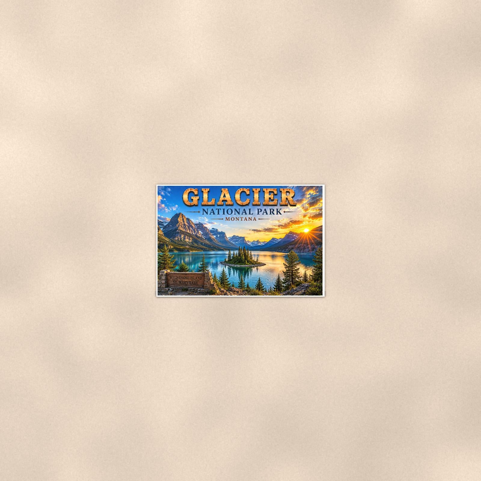 Glacier National Park - Wild Goose Island — 36x24 in art print poster, premium luster paper with a white border; poster seen from further back, at true 36x24 in scale on a warm wall.