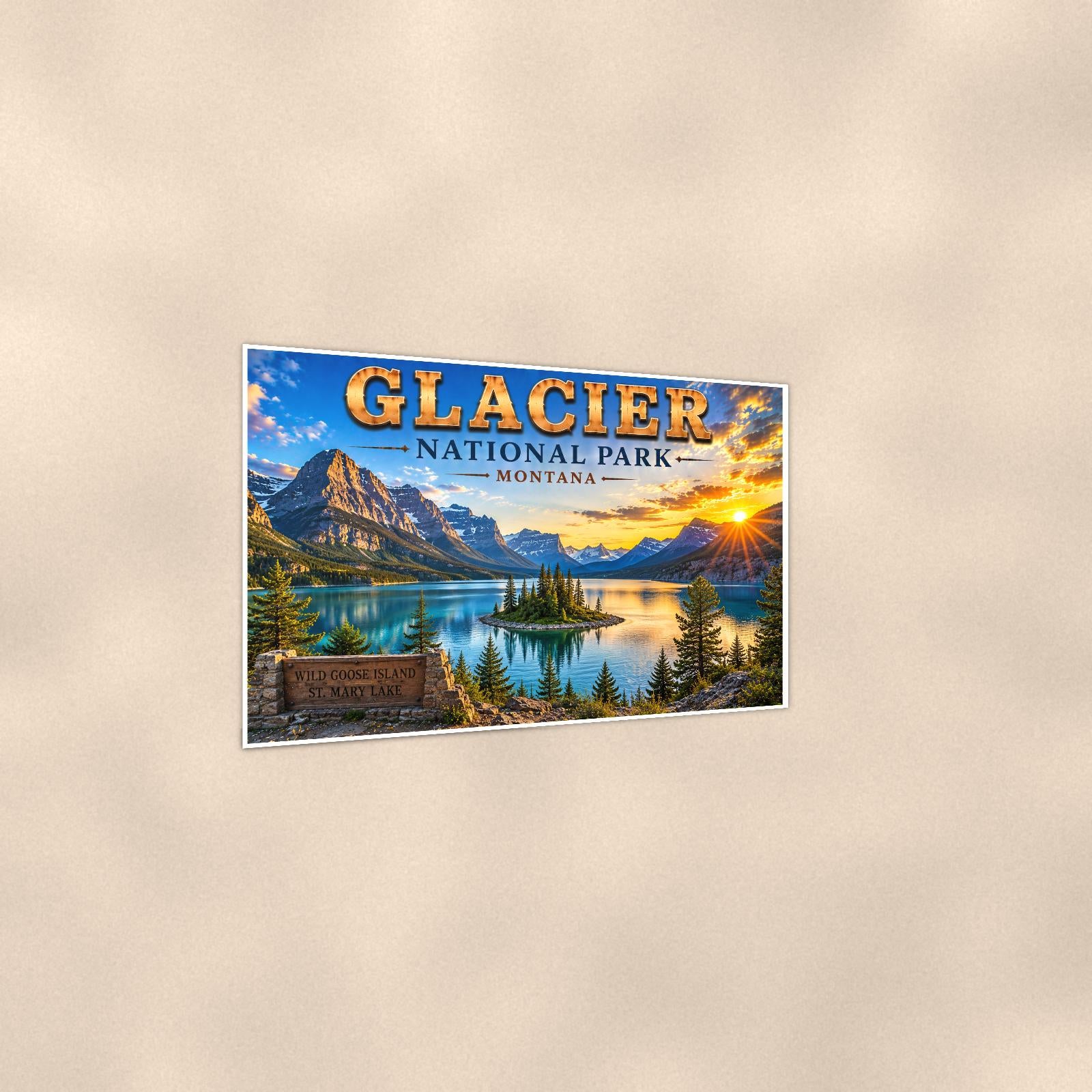 Glacier National Park - Wild Goose Island — 36x24 in art print poster, premium luster paper with a white border; gentle three-quarter angle on a warm wall, showing the flat paper edge.
