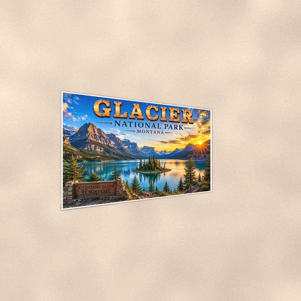 Glacier National Park - Wild Goose Island — 36x24 in art print poster, premium luster paper with a white border; steeper three-quarter angle on a warm wall, catching the luster sheen.