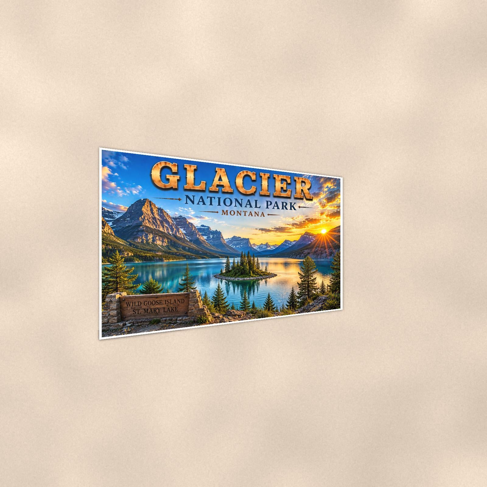 Glacier National Park - Wild Goose Island — 36x24 in art print poster, premium luster paper with a white border; steeper three-quarter angle on a warm wall, catching the luster sheen.
