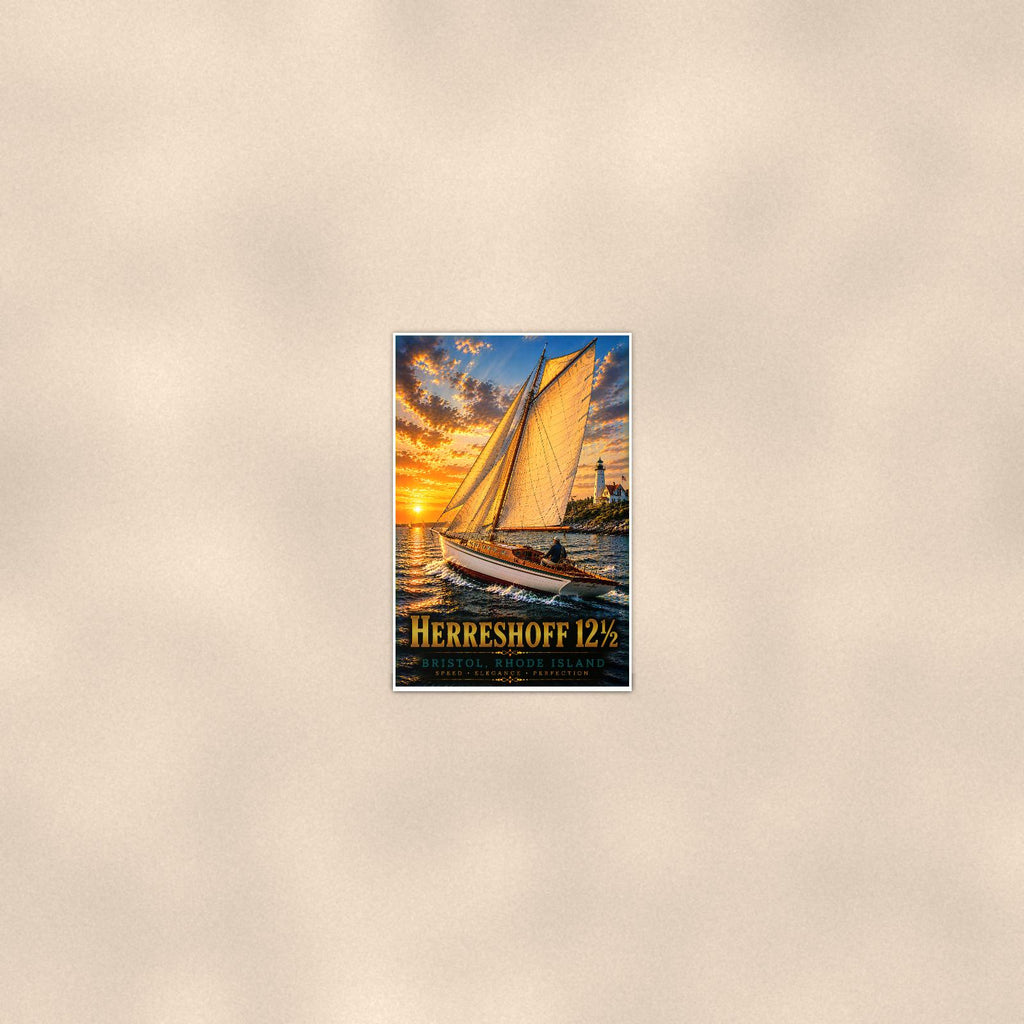 Herreshoff 12 1/2 - Bristol, Rhode Island — 24x36 in art print poster, premium luster paper with a white border; poster seen from further back, at true 24x36 in scale on a warm wall.