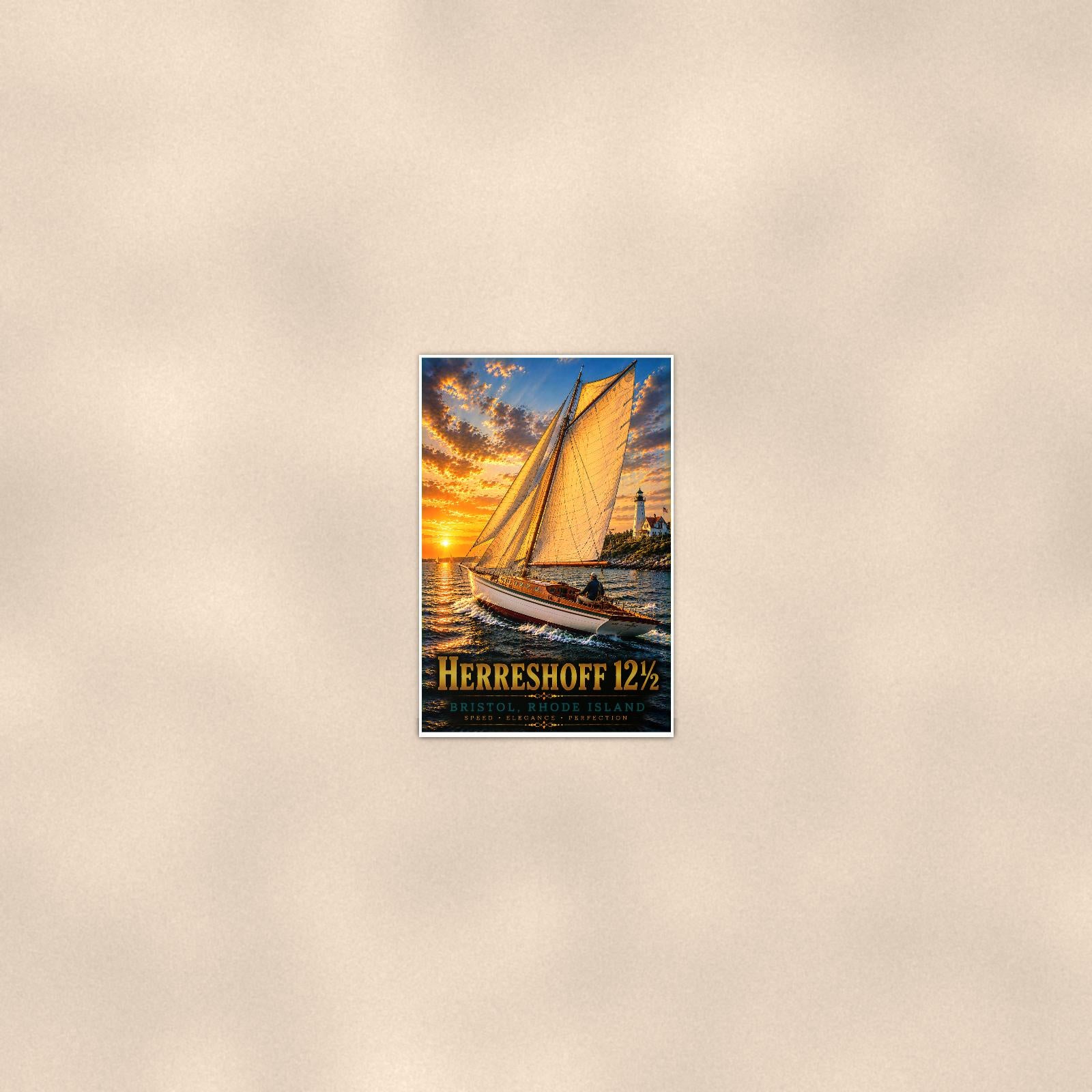 Herreshoff 12 1/2 - Bristol, Rhode Island — 24x36 in art print poster, premium luster paper with a white border; poster seen from further back, at true 24x36 in scale on a warm wall.