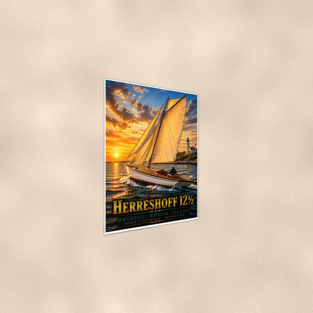 Herreshoff 12 1/2 - Bristol, Rhode Island — 24x36 in art print poster, premium luster paper with a white border; steeper three-quarter angle on a warm wall, catching the luster sheen.