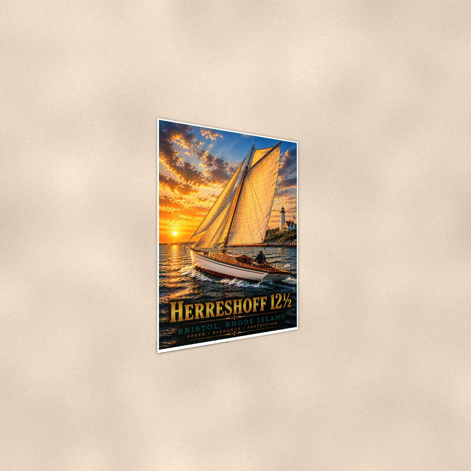 Herreshoff 12 1/2 - Bristol, Rhode Island — 24x36 in art print poster, premium luster paper with a white border; steeper three-quarter angle on a warm wall, catching the luster sheen.
