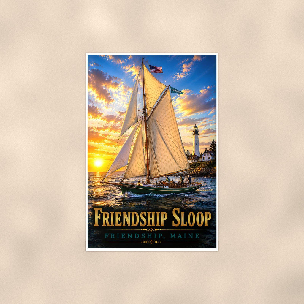 Friendship Sloop - Friendship, Maine — 24x36 in art print poster, premium luster paper with a white border; poster shown straight on against a warm wall.
