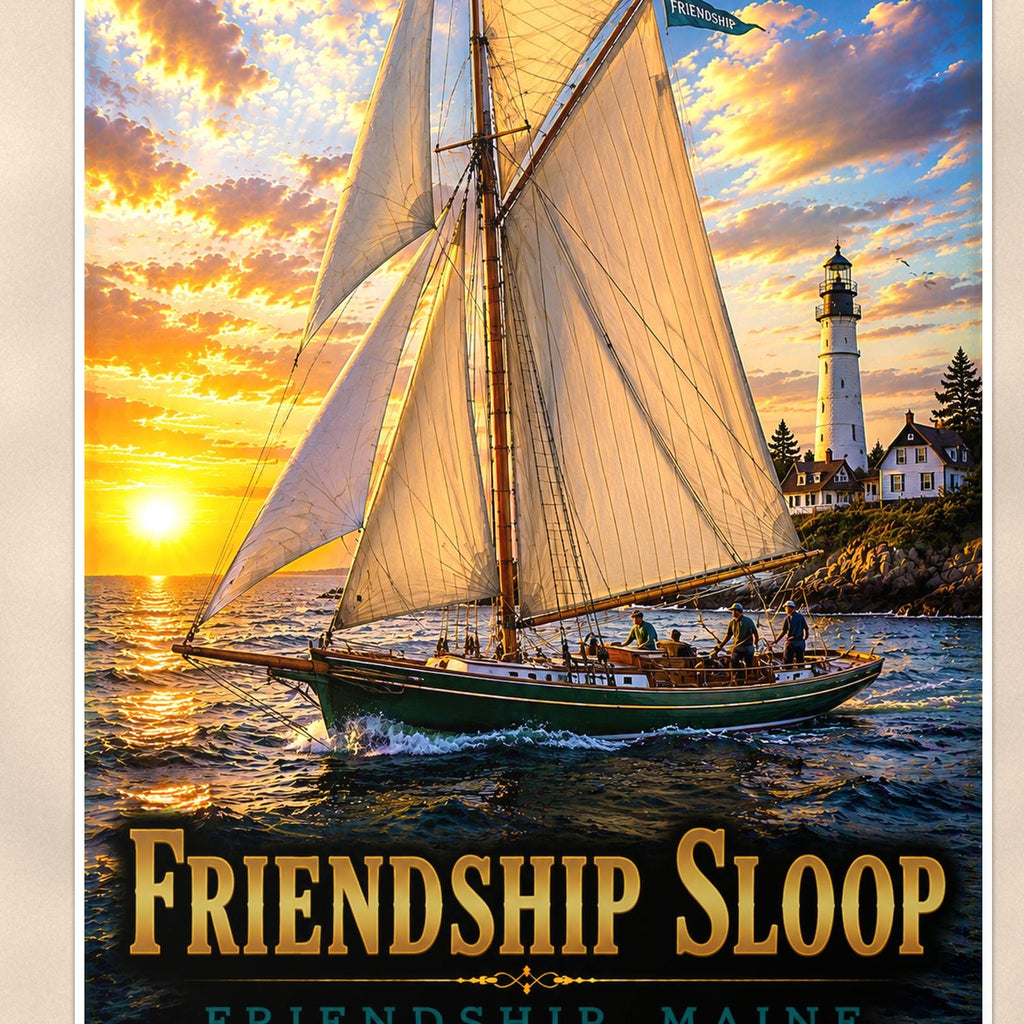 Friendship Sloop - Friendship, Maine — 24x36 in art print poster, premium luster paper with a white border; close-up framed on the main subject of the artwork, paper surface visible.