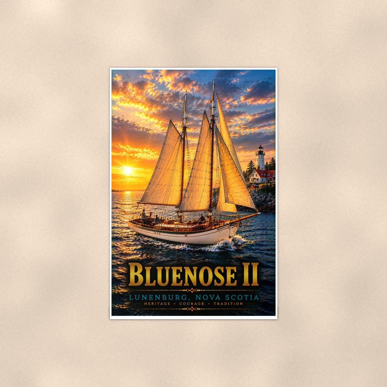 Bluenose II - Lunenburg, Nova Scotia — 24x36 in art print poster, premium luster paper with a white border; poster shown straight on against a warm wall.
